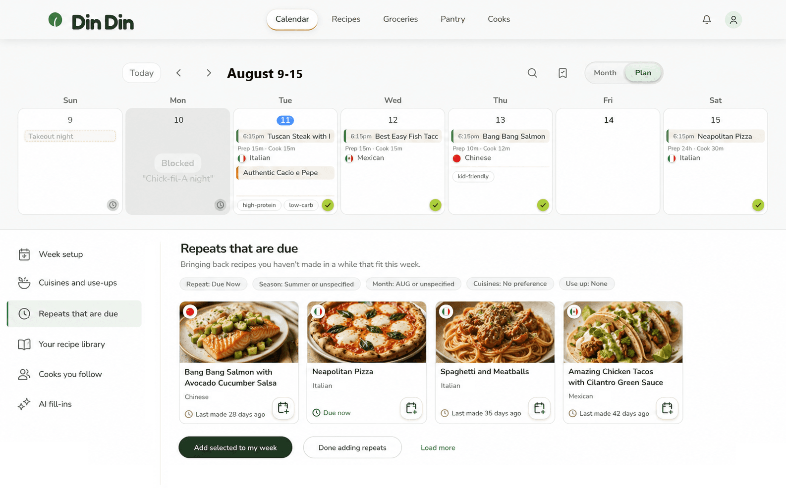 DinDin's week planner: the week strip above the planning panel, with favorites that are due to come back